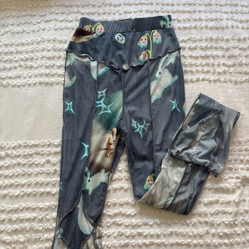 Vegan Tiger, mesh leggings with angel, bunny, and moon design